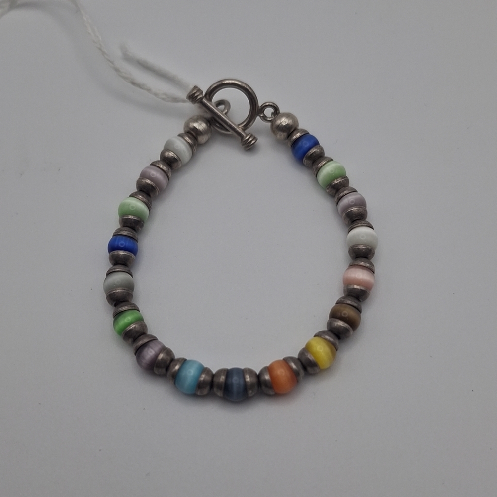 Vtg Sterling Silver Multicolor Glass Cat Eye Bracelet 7" Toggle Clasp 14.41g - Picture 6 of 7